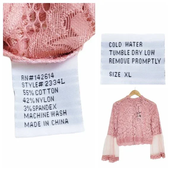 Love University Crop Top Blush Rose Sheer Lace Bell Sleeve Mock Neck Zip Back - Picture 11 of 12